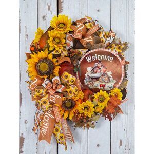 Farmhouse Sunflower Welcome Mesh Wreath - Autumn Fall Door DecorHandmade